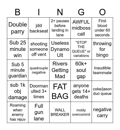 Deadlock Bingo Card