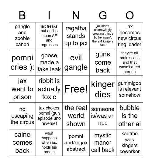 TADC episode 9 Bingo Card