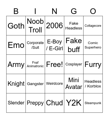 Roblox avatar BINGO Card