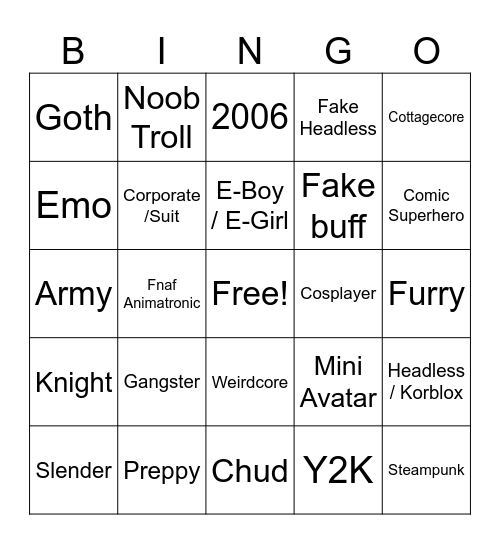 Roblox avatar BINGO Card