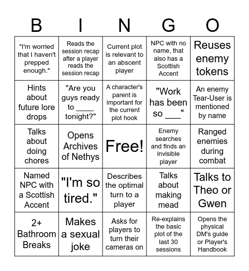 Jacob DnD BINGO Card