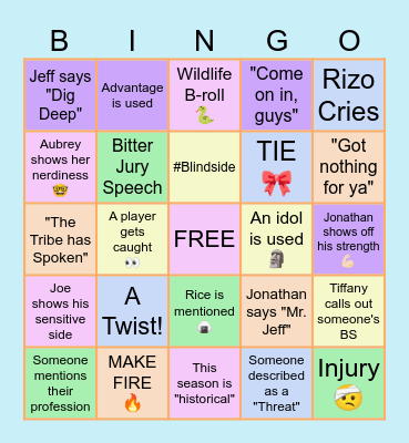 SURVIVOR 50 FINALE Bingo Card