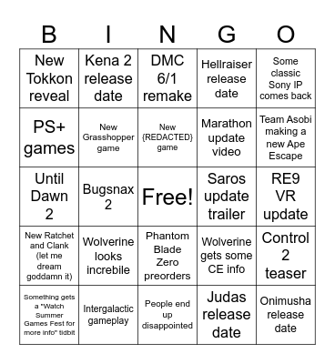Sony State of Play June 2nd 2026 Bingo Card