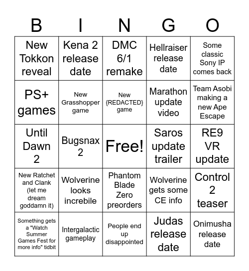 Sony State of Play June 2nd 2026 Bingo Card