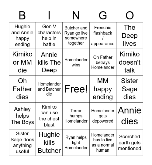 The Boys Series Finale Bingo Card