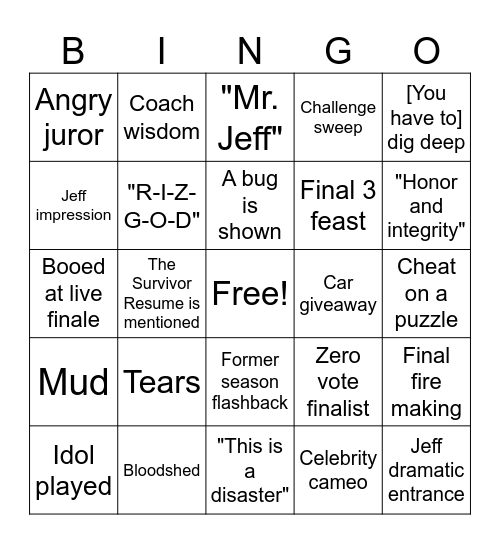 SURVIVOR 50 FINALE Bingo Card