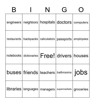 Plural of Nouns Bingo Card