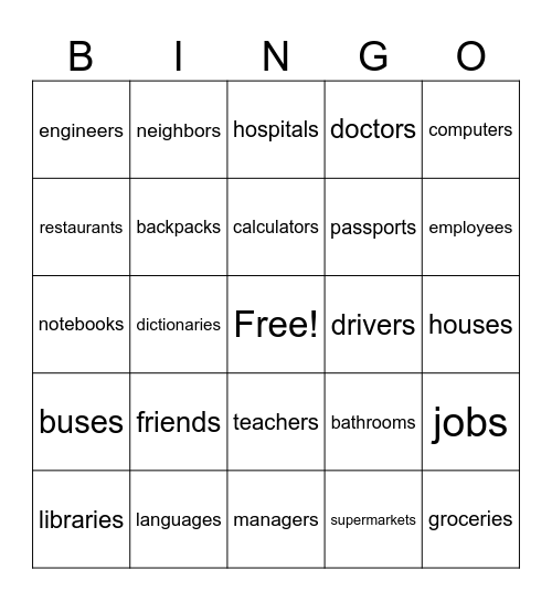 Plural of Nouns Bingo Card