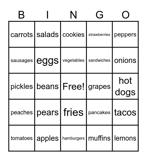 Food - Plural Nouns Bingo Card