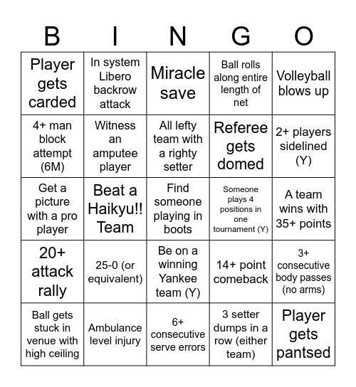 Lifetime Volleyball Bingo Card Bingo Card