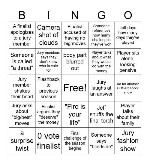 Survivor 50 Finale Bingo Card