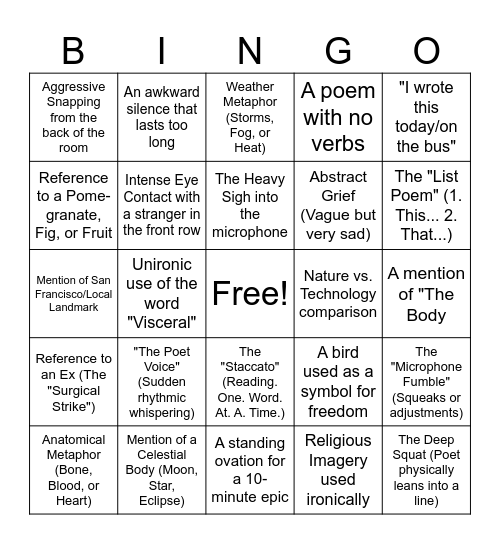 poetry Bingo Card