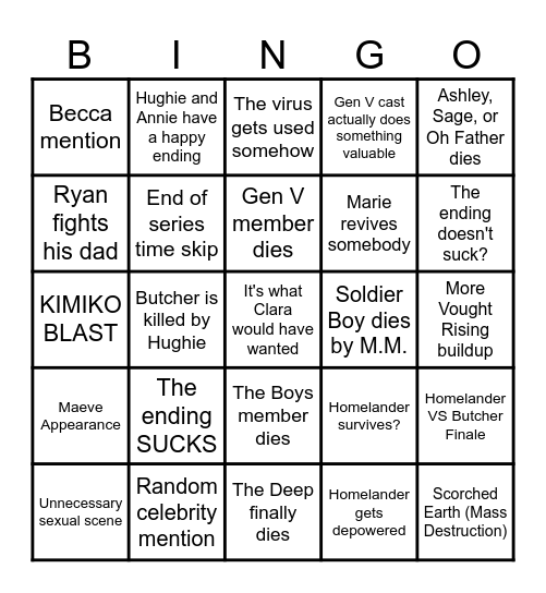 The Boys Finale Bingo Card