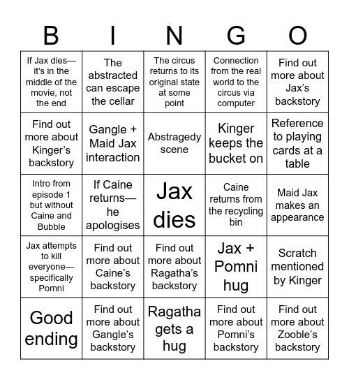 TADC Episode 9 Predictions Bingo Card