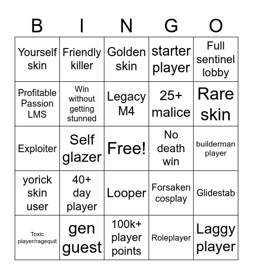 forsaken bingo Card