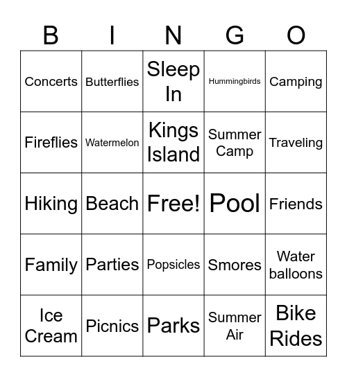 Summer Fun Bingo Card