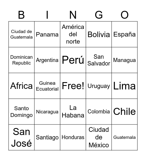 Países y Capitales de Habla Hispana Bingo Card