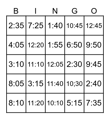 Time Variation Bingo Card