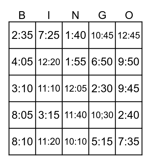 Time Variation Bingo Card