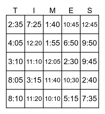 Time Variation Bingo Card