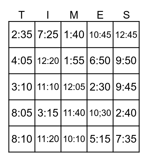 Time Variation Bingo Card