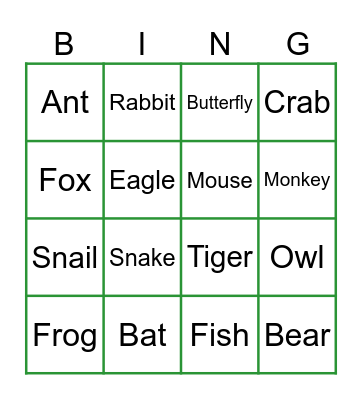 Wild animals Bingo Card