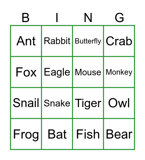 Wild animals Bingo Card