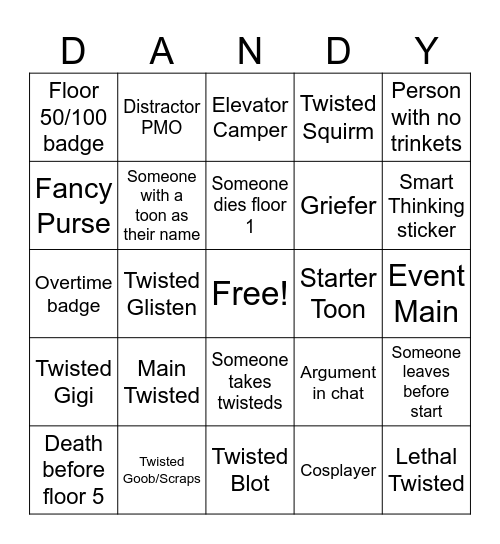 Dandys World Matchmaking Bingo Card