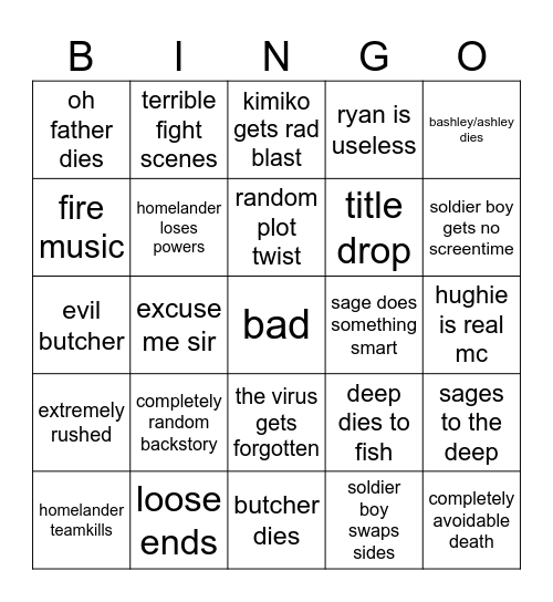 the boys finale Bingo Card