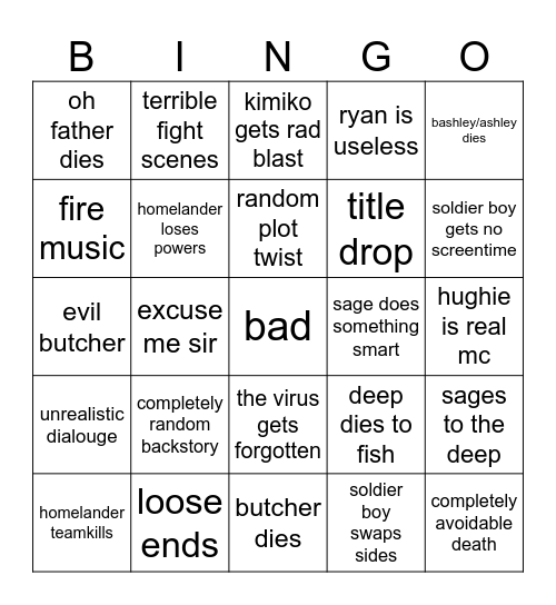 the boys finale Bingo Card