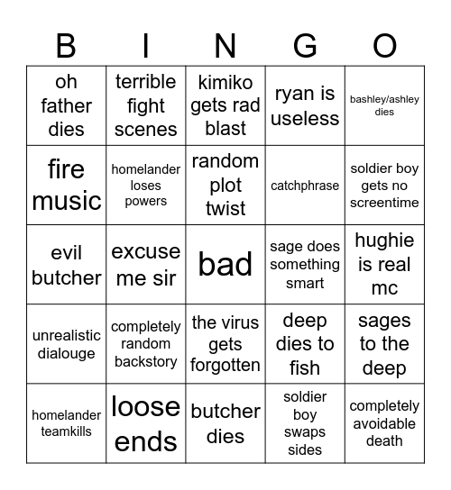 the boys finale Bingo Card