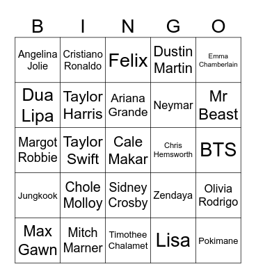 Celebrity Wednesday Bingo Card