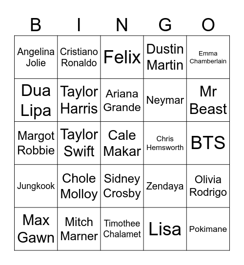 Celebrity Wednesday Bingo Card