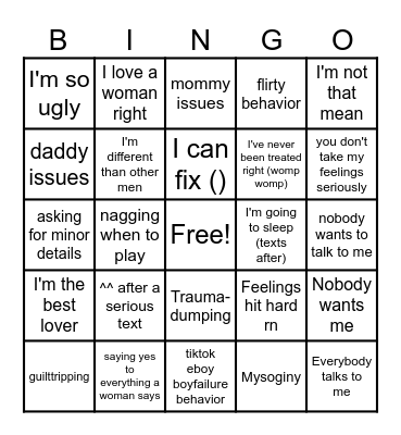 pick me dude Bingo Card