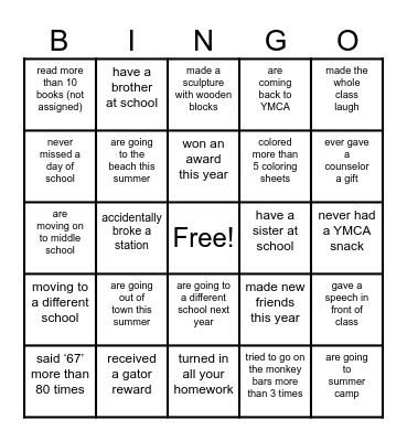 End of the Year Bingo Card