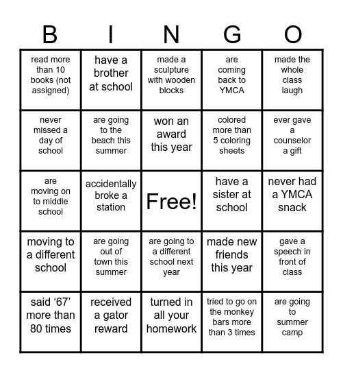 End of the Year Bingo Card