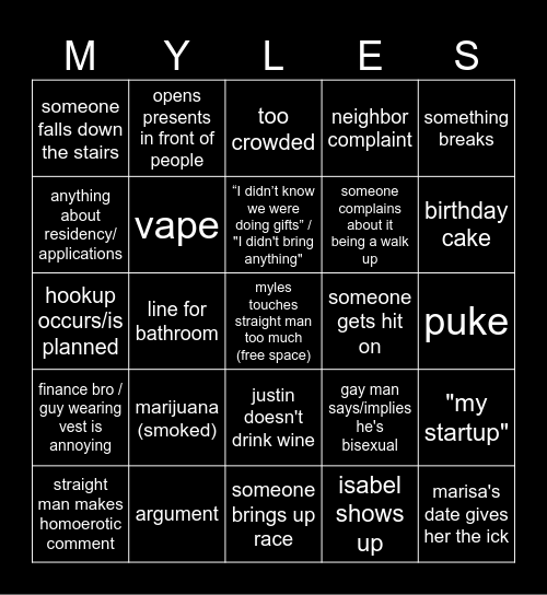 Myle's party bingo Card