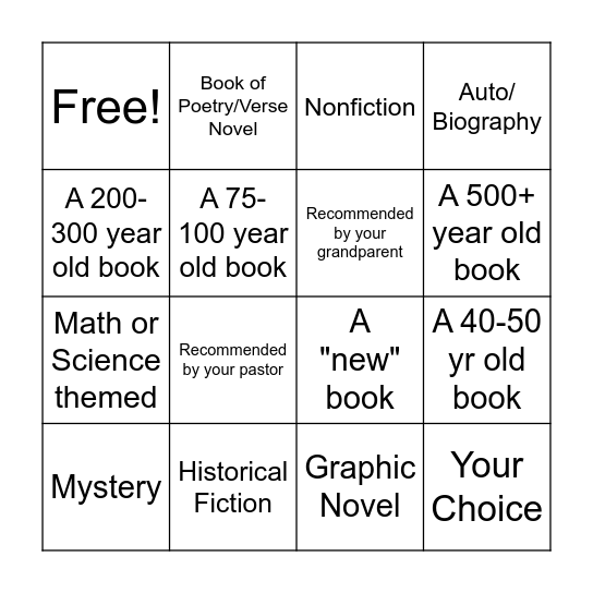 Providence Hall Summer Book Bingo Card