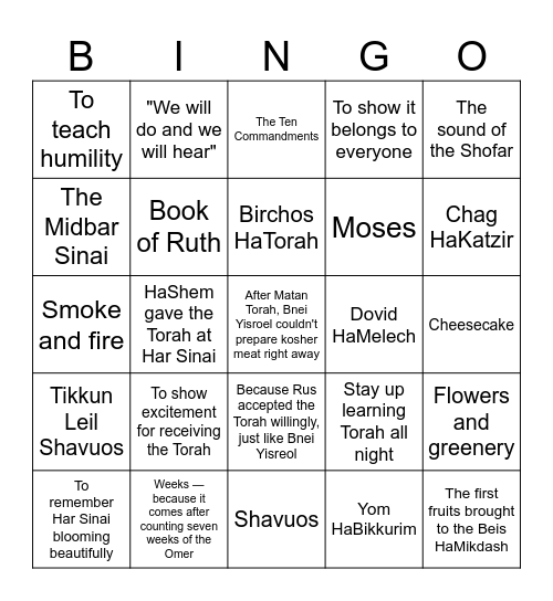 Shavuos! Bingo Card
