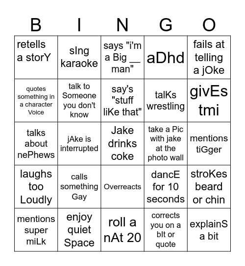 Jake Bingo Card