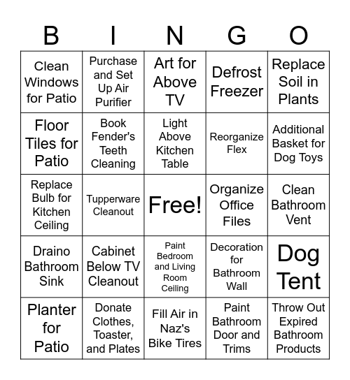 Household Tasks Bingo Card