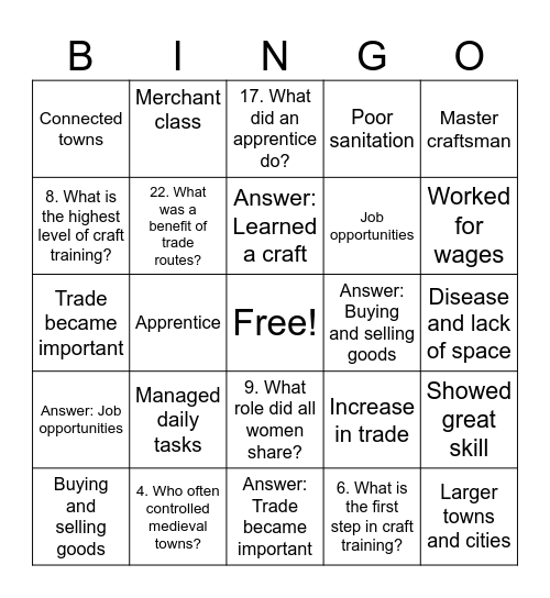 Middle Ages Bingo Card