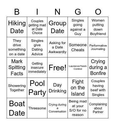 Temptation Island Bingo Card