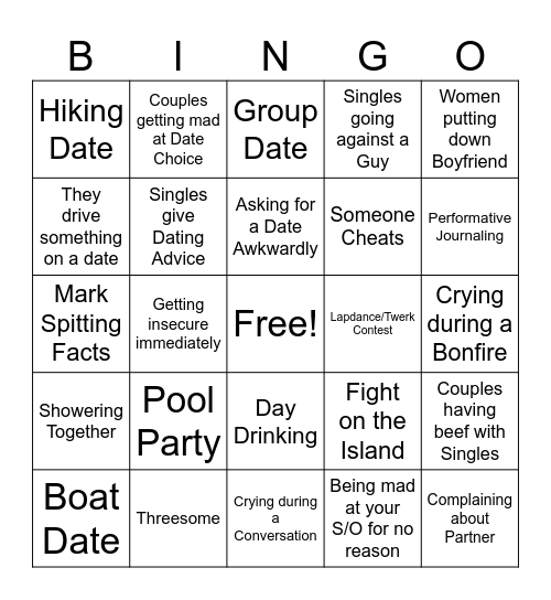 Temptation Island Bingo Card