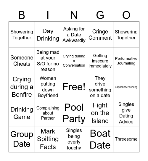 Temptation Island Bingo Card
