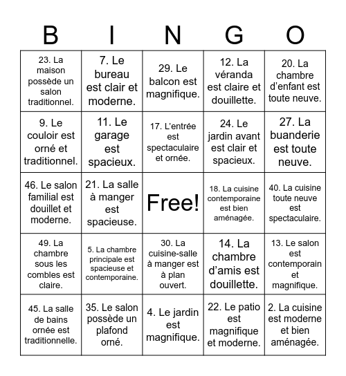 Maison à vendre Bingo Card