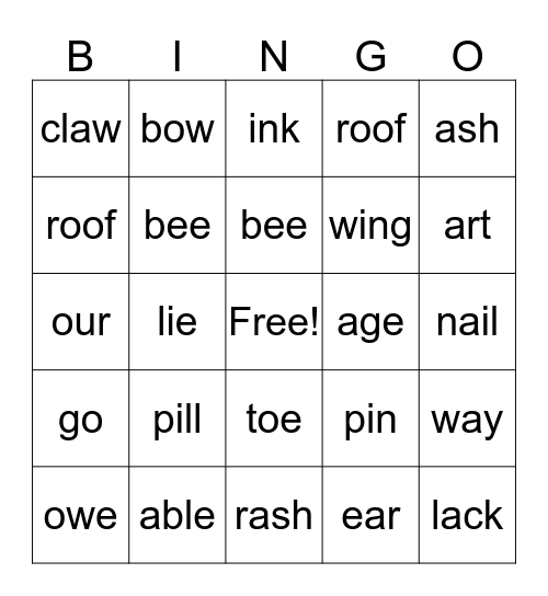 1st Grade Bingo Card
