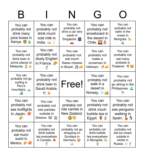 B11 L13 You can probably not eat many tacos in Italy. 🍕🌮 Bingo Card
