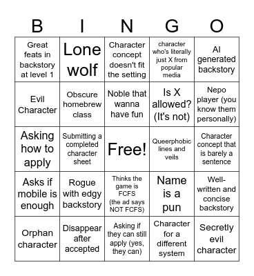 Newbie D&D Application Bingo Card