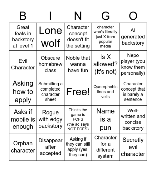 Newbie D&D Application Bingo Card